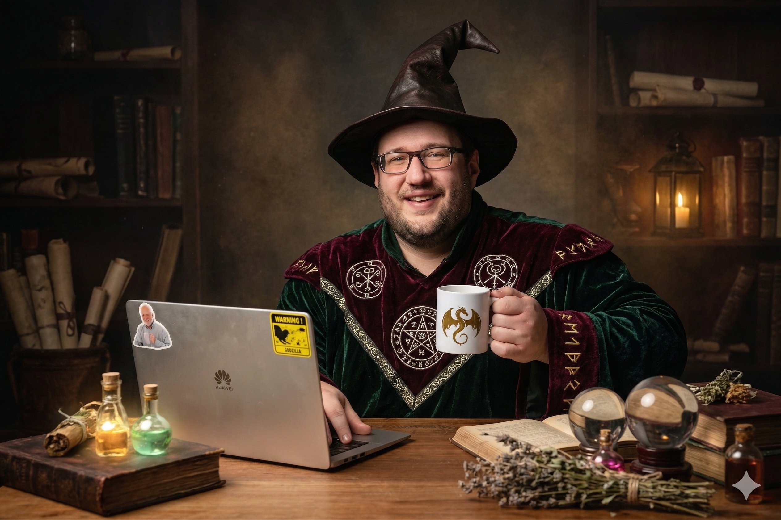 Univers du magicien avec chapeau et éléments mystiques